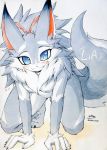  all_fours blue_eyes breasts canine dog female fur grey_fur husky jinya lia mammal ribbons signature solo text tuft white_fur あかばね_じん 