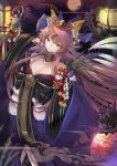 animal_ears balusah bare_shoulders bow breasts brown_eyes cleavage commentary_request detached_collar fate/grand_order fate_(series) fox_ears fox_tail full_moon hair_bow head_tilt japanese_clothes kimono lantern large_breasts light_smile long_hair moon off_shoulder pink_hair solo tail tamamo_(fate)_(all) tamamo_no_mae_(fate) very_long_hair 
