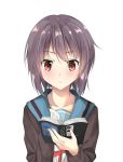  blush book brown_eyes cardigan commentary_request eyebrows_visible_through_hair highres holding holding_book kita_high_school_uniform nagato_yuki purple_hair reading school_uniform serafuku shokoori short_hair simple_background solo suzumiya_haruhi_no_yuuutsu 