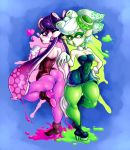  2girls aori_(splatoon) ass black_hair breasts choker domino_mask dress earrings gloves hair_ornament hand_on_hip high_heel_boots hotaru_(splatoon) lipstick long_hair looking_back medium_breasts mole mole_under_eye multiple_girls nintendo one_leg_raised pantyhose pointy_ears short_hair sleeveless splatoon standing_on_one_leg tentacle_hair thick_thighs white_hair wide_hips 