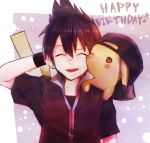  backwards_hat birthday black_hair black_shirt black_wristband borrowed_garments hat jacket melontic2 pikachu pokemon pokemon_on_shoulder pokemon_special red_(pokemon) red_jacket shirt simple_background wristband 