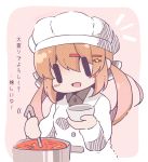  alternate_hairstyle black_bow bloom2425 borscht_(food) bow bowl brown_hair chef_hat chibi commentary_request cooking food hair_between_eyes hair_ornament hairclip hat highres jacket kantai_collection ladle long_hair low_twintails open_mouth pink_background pot simple_background solid_oval_eyes solo tashkent_(kantai_collection) translation_request twintails twitter_username white_jacket 