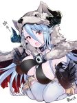  alternate_costume animal_ears animal_hood artist_name bangs berserker_(granblue_fantasy) black_gloves blue_hair blush breasts cleavage commentary_request detached_collar draph fangs gloves granblue_fantasy hair_between_eyes highres hood horns izmir kneeling large_breasts leaning_forward long_hair looking_at_viewer mole mole_under_mouth nino_(shira) open_mouth pelt pointy_ears red_eyes simple_background solo thighs very_long_hair white_background white_legwear wolf_pelt 