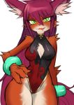  animal_ears cleavage_cutout fox_ears fox_girl furry green_eyes hand_on_hip long_hair looking_at_viewer original red_hair smile solo sookmo tongue tongue_out wristband 