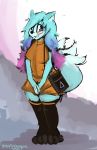  2017 3_tails absurd_res anthro biped black_nose blue_ears blue_fur blue_hair blue_tail blush breasts canine clothed clothing crystal_(giackobe) digital_media_(artwork) digital_painting_(artwork) dirtyscoundrel dress female fully_clothed fur hair hi_res looking_at_viewer mammal multi_tail multicolored_hair orange_clothing orange_dress orange_topwear purple_eyes signature simple_background smile solo standing topwear wolf year 