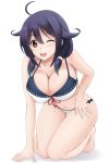  ahoge barefoot bikini breasts cleavage fuuma_nagi hair_flaps hair_over_shoulder kantai_collection kneeling large_breasts looking_at_viewer low_twintails one_eye_closed open_mouth purple_hair red_eyes simple_background smile solo swimsuit taigei_(kantai_collection) thigh_gap twintails white_background white_bikini 