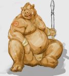  2013 barazoku boar bulge clothed clothing front_view fundoshi japanese_clothing kemono kotobuki male mammal melee_weapon muscular obese one_eye_closed overweight partially_clothed polearm porcine scar simple_background sitting solo spear tattoo tongue tongue_out underwear weapon white_background 