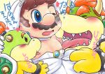  2017 age_difference blush bowser bowser_jr. clothed clothing crossdressing group hand_on_head human japanese_text kakalon koopa licking male male/male mammal mario mario_bros nintendo nipple_lick nipples saliva scalie simple_background size_difference sweat text tongue tongue_out video_games 