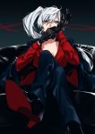  blue_hair commentary_request couch crossed_legs gloves hosomitimiti jacket_on_shoulders mafia rwby scar scar_across_eye solo weiss_schnee white_hair 