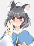  ahoge animal_ears bangs blue_capelet blush capelet eyebrows eyebrows_visible_through_hair fingernails gradient gradient_background grey_hair hair_between_eyes hand_on_another's_head long_fingernails looking_at_viewer mouse_ears nazrin nose_blush open_mouth ougi_hina out_of_frame pov red_eyes short_hair solo_focus touhou upper_body 