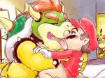 2016 bed blush bowser bowser_jr. clothed clothing drooling duo eyes_closed french_kissing hand_on_back human inside kakalon kissing kneeling koopa male male/male mammal mario mario_bros nintendo partially_clothed saliva scalie size_difference sweat undressing video_games voyeur 