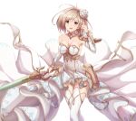  breasts brown_eyes brown_hair choker cleavage collarbone detached_sleeves djeeta_(granblue_fantasy) dress eyebrows_visible_through_hair flower granblue_fantasy hair_flower hair_ornament highres holding holding_sword holding_weapon long_hair looking_at_viewer medium_breasts open_mouth sakaokasan simple_background sleeveless sleeveless_dress solo standing striped striped_dress sword the_glory thighhighs weapon white_background white_dress white_flower white_legwear 