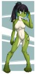  4_toes absurd_res amphibian andrea_(crabdesass) anthro breasts featureless_breasts featureless_crotch female frog green_eyes green_skin hair hair_ornament hi_res long_hair multicolored_hair pate simple_background toes two_tone_hair 