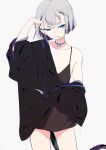  bare_shoulders blue_eyes candy collarbone commentary fingernails flat_chest food grey_hair lollipop looking_at_viewer original sharp_fingernails short_hair sohin solo 