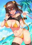  1girl animal_ears aqua_eyes bikini blurry bracelet breasts brown_hair choker claw_pose cleavage commentary_request contrapposto cowboy_shot day depth_of_field fangs flower_bracelet horizon jewelry large_breasts looking_at_viewer matarou_(genkai_toppa) medium_hair nail_polish navel one_side_up open_mouth original outdoors shirt shirt_lift side-tie_bikini solo standing sweat swimsuit tail tiger_ears tiger_tail torn_clothes torn_shirt v-shaped_eyebrows wristband yellow_bikini 