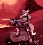  2017 absurd_res anthro armor black_nose boots brown_boots brown_footwear brown_fur brown_hair brown_tail canine clothed clothing digital_media_(artwork) digital_painting_(artwork) dipstick_tail dirtyscoundrel doom doom_guy footwear fully_clothed fur hair hi_res holding_object holding_weapon landscape lava mammal mars multicolored_fur multicolored_tail outside red_theme shooting signature snout solo two_tone_fur two_tone_tail video_games weapon white_fur wolf year 