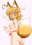  absurdres animal_ear_fluff animal_ears ass blonde_hair blush breasts commentary cowboy_shot english_commentary eyebrows_visible_through_hair fang flower fox_ears fox_tail full-face_blush hair_between_eyes hair_flower hair_ornament highres kitsune looking_at_viewer looking_back nipples nude open_mouth senko_(sewayaki_kitsune_no_senko-san) sewayaki_kitsune_no_senko-san shiny shiny_skin simple_background small_breasts solo sweatdrop tail virusotaku yellow_eyes 