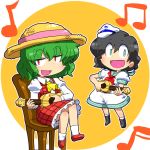  chair gomi_ichigo green_hair guitar holding holding_instrument instrument kazami_yuuka looking_at_viewer multiple_girls murasa_minamitsu music musical_note open_mouth playing_instrument singing sitting smile touhou ukulele 