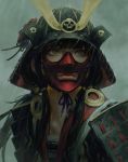  absurdres armor black_hair closed_mouth cloud cloudy_sky collarbone commentary grey_eyes grey_sky guweiz helmet highres japanese_armor japanese_clothes kabuto kimono kusazuri long_hair looking_afar low_twintails menpoo original outdoors rain samurai sky solo twintails upper_body 