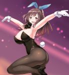  areola_slip areolae armpits arms_up ass bare_shoulders black_leotard blush bow bowtie breasts brown_eyes brown_hair brown_legwear bunnysuit cleavage covered_nipples detached_collar gloves hair_bow high_heels huge_breasts idolmaster idolmaster_shiny_colors legs_folded leotard long_hair looking_at_viewer open_mouth outstretched_arms pantyhose ponytail solo strapless strapless_leotard tsukioka_kogane white_gloves wrist_cuffs zaxwu 