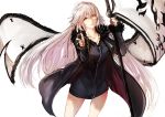  bangs banner black_cape black_dress cape cowboy_shot dress fate/grand_order fate_(series) floating_hair fur_trim highres holding holding_weapon index_finger_raised jeanne_d'arc_(alter)_(fate) jeanne_d'arc_(fate)_(all) jewelry long_hair necklace orange_eyes otsunabe_(naabe_delta) parted_lips short_dress silver_hair simple_background smile solo standing very_long_hair weapon white_background 