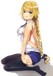  backless_outfit black_legwear blonde_hair blue_bow blue_neckwear blue_shorts bow braid breasts fate/apocrypha fate_(series) from_side full_body hair_bow highres jeanne_d'arc_(fate) jeanne_d'arc_(fate)_(all) long_hair looking_at_viewer medium_breasts no_shoes ponytail short_shorts shorts sideboob simple_background single_braid sitting sleeveless solo tanaka_arumi thighhighs very_long_hair white_background 