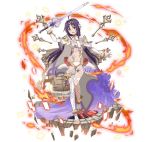  ahoge arm_up asymmetrical_legwear bracelet fingerless_gloves fire floating_hair full_body gloves hair_ornament holding holding_sword holding_weapon jewelry long_hair looking_at_viewer midriff navel official_art panties pointy_ears purple_hair red_eyes senritsu_reishiki simple_background solo standing stomach sword sword_art_online sword_art_online:_code_register thighhighs underwear very_long_hair weapon white_background white_gloves white_legwear white_panties yuuki_(sao) 