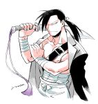  bandages black_eyes black_hair black_jacket character_name chest exposed_muscle fingernails fullmetal_alchemist hair_over_one_eye jacket ling_yao long_hair looking_away male_focus masakazu muscle over_shoulder pants ponytail simple_background smile solo strap sword sword_over_shoulder weapon weapon_over_shoulder white_background white_pants 