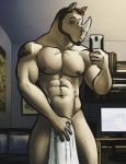  abs bedroom better_version_at_source bgn biceps big_muscles cellphone facial_hair grey_skin isaiah male mammal muscular muscular_male nipples nude pecs phone rhinoceros selfie solo tattoo towel 