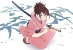  background_text breasts brown_eyes brown_hair character_name closed_mouth dorsiflexion from_above full_body gintama highres holding holding_sword holding_weapon japanese_clothes katana kimono kobaji looking_at_viewer looking_up obi one_knee paint_splatter pink_kimono ready_to_draw sandals sash sheath sheathed shimura_tae sidelocks small_breasts socks solo splatter spread_fingers sword tasuki weapon white_background white_legwear 