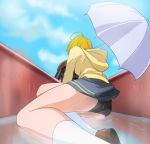  ahoge black_panties blonde_hair blue_sky cloud day from_behind grey_skirt haruyama_kazunori hugtto!_precure jacket kagayaki_homare l'avenir_academy_uniform outdoors panties precure short_hair skirt sky socks solo umbrella underwear water wet yellow_hoodie yellow_jacket 