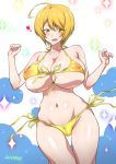  ahoge artist_name bikini blonde_hair blush breasts commentary_request covered_nipples heart hugtto!_precure joy_ride kagayaki_homare large_breasts looking_at_viewer navel open_mouth precure pubic_hair short_hair side-tie_bikini smile solo sparkle sparkle_background standing swimsuit yellow_bikini yellow_eyes 