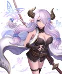  absurdres asymmetrical_gloves belt black_gloves black_legwear blue_eyes braid breasts bug butterfly butterfly_hair_ornament cleavage draph elbow_gloves fingerless_gloves gloves granblue_fantasy hair_ornament hair_over_one_eye highres holding holding_weapon horns insect katana large_breasts lavender_hair long_hair looking_at_viewer low_tied_hair mismatched_gloves narmaya_(granblue_fantasy) pointy_ears sheath sheathed simple_background single_braid single_elbow_glove single_fingerless_glove single_thighhigh sleeveless smile solo sword thigh_strap thighhighs weapon white_background yuki7128 