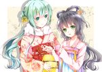  alternate_hairstyle black_hair blush chinese_clothes closed_mouth eyebrows_visible_through_hair green_eyes green_hair hair_bun hair_rings hanfu hatsune_miku highres japanese_clothes kimono long_hair long_sleeves looking_at_another looking_at_viewer luo_tianyi multiple_girls parted_lips smile tei_(52137) upper_body vocaloid vocanese 