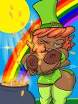  big_breasts big_butt bra breast_squish breasts buckteeth butt cleavage clothed clothing coin dark_skin female gold_(metal) gold_coin green_eyes hair huge_breasts humanoid jyto legwear leprechaun mammal nipples not_furry one_eye_closed orange_hair pointy_ears pot_(disambiguation) rainbow shortstack skimpy teeth thick_thighs thigh_highs tongue tongue_out underwear 