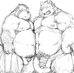  2014 barazoku black_and_white canine duo erection facing_viewer flaccid front_view humanoid_penis kemono kotobuki male mammal monochrome muscular obese overweight penis red_panda scar simple_background sketch small_penis standing uncut white_background wolf 