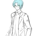  blue_hair glasses green_eyes highres long_sleeves looking_at_viewer male_focus original sketch solo sookmo spot_color traditional_media work_in_progress 