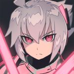  acura_(gunvolt) armor azure_striker_gunvolt black_background closed_mouth commentary_request glowing grey_hair hair_between_eyes looking_at_viewer male_focus pink_eyes portrait reiesu_(reis) serious shiny shiny_hair solo sword weapon 