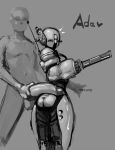  ada_(fallout) antennae assaultron balls big_penis blush butt duo fallout female female_focus grey_background gun machine male male/female not_furry penis precum psyk323 ranged_weapon robot simple_background solo_focus surprise video_games weapon 