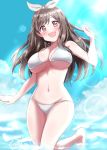  bangs bikini blue_bow blue_sky blush bow breasts brown_eyes brown_hair cleavage commentary_request day eyebrows_visible_through_hair hair_bow idolmaster idolmaster_shiny_colors large_breasts lens_flare lieass long_hair looking_at_viewer navel open_mouth ponytail sky smile solo sun swimsuit tsukioka_kogane white_bikini 