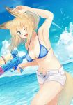  :d animal_ears armpits batta_(kanzume_quality) bikini blonde_hair blue_bikini blue_eyes blue_sky breasts cloud commentary_request day dutch_angle finger_on_trigger fox_ears fox_tail fox_wife_(batta_(kanzume_quality)) hand_up horizon large_breasts looking_at_viewer navel ocean one_eye_closed open_mouth original outdoors short_shorts shorts sky smile solo swimsuit tail water_gun wet white_shorts 