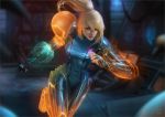  arm_cannon blonde_hair blue_eyes blurry bodysuit depth_of_field glowing gun handgun looking_ahead metroid ponytail raikoart realistic running samus_aran serious solo transforming_clothes upper_body varia_suit weapon zero_suit 