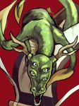  2017 4_eyes aged_one ambiguous_gender angry antlers belly_scales black_eyes countershade_torso countershading digital_media_(artwork) digital_painting_(artwork) dragon eastern_dragon end_roll feral green_scales green_tail horn long_tail looking_at_viewer multi_eye multicolored_scales red_background roaring scales scalie scroll serpentine sharp_teeth simple_background snout teeth tentacles two_tone_scales video_games wall_scroll white_countershading white_horn white_scales 牧野めね 