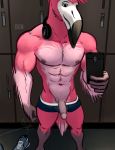  abs avian better_version_at_source bgn biceps bird cellphone clothing dylan_(bgn) flamingo headphones locker_room male muscular muscular_male nude pecs penis phone selfie smile solo underwear 