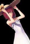  absurdres bare_shoulders blue_eyes boa_(brianoa) bracelet dress flower hands_up hat hat_flower highres hisui jewelry looking_at_viewer red_hair smile solo straw_hat sun_hat sundress sunflower tsukihime white_dress 