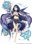  2017 2018 anklet aqua_eyes barefoot bracelet breasts bustier company_name eyebrows_visible_through_hair fins full_body gold_trim holding holding_staff hood jewelry ji_no large_breasts loincloth long_hair midriff navel ningyo_hime_(sinoalice) official_art purple_hair sinoalice solo square_enix staff thigh_gap very_long_hair water watermark white_background 