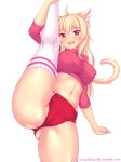  ahoge animal_ears ass blonde_hair blush breasts buruma cat_ears cat_tail covered_nipples eyebrows_visible_through_hair fast-runner-2024 highres large_breasts leg_lift long_hair looking_at_viewer midriff open_mouth original red_eyes slit_pupils solo standing standing_on_one_leg tail thighhighs tiffy watermark web_address white_background white_legwear 