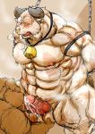  2015 ball_grope barazoku bear blush bovine cattle circumcised collar cowbell cum cum_in_mouth cum_inside duo facial_piercing fellatio grizzly_bear hands_behind_back humanoid_penis kemono kotobuki male male/male mammal muscular nipple_piercing nipples nose_piercing nose_ring obese oral overweight penis penis_milking piercing sex shackled simple_background standing steam sweat 