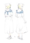  adapted_costume ahoge artoria_pendragon_(all) blonde_hair braid commentary_request dress fate/stay_night fate_(series) hair_bun highres ichiren_namiro looking_at_viewer looking_back multiple_views neckerchief profile saber shoes simple_background walking white_background white_dress 