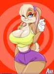  avalugg_(artist) big_breasts blonde_hair blue_eyes breasts cleavage clothed clothing female gloves hair lagomorph lola_bunny looney_tunes mammal one_eye_closed rabbit solo warner_brothers watermark wide_hips 